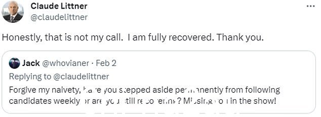 然而,克劳德承认,是否返回董事会“不是他的决定”,同时告知他的追随者他现在已经“完全康复”