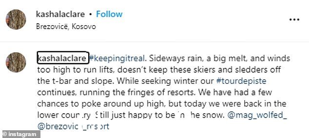 Rigby 四天前的最后一篇 Instagram 帖子将她带到了科索沃,据报道她和她的丈夫在那里越野滑雪
