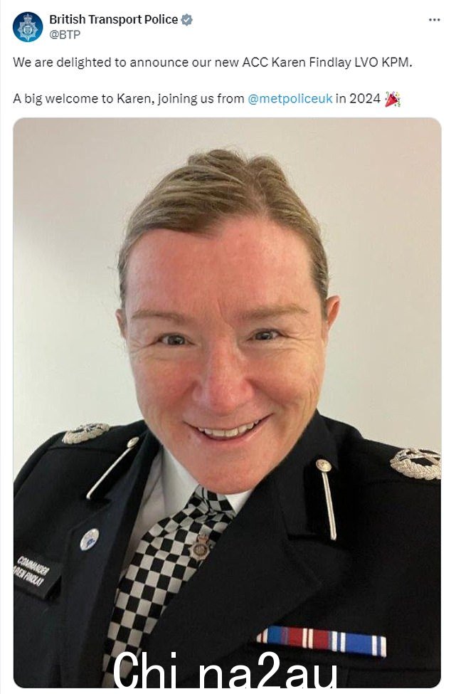 英国交通警察 (BTP) 发布了凯伦·芬德利 (Karen Findlay) 的照片以纪念她被任命为助理警察局长后,她收到了大量攻击性评论