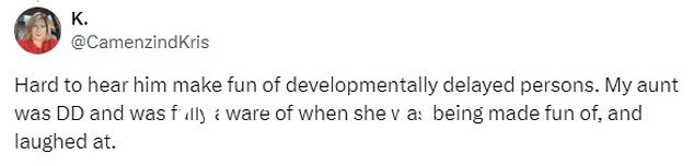 并不是每个人都持积极态度,因为一位观众抱怨有关他患有唐氏综合症的家人的笑话