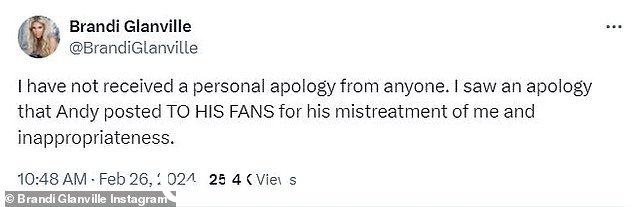 布兰迪·格兰维尔在安迪·科恩的爆炸性性骚扰诉讼中猛烈抨击安迪·科恩,称他只向“他的粉丝”道歉,而不是她