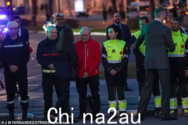费利佩国王和莱蒂齐亚王后与帮助救火的紧急服务部门不同部门的成员握手