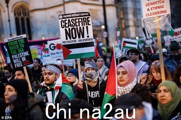 上周二,英国议员就加沙停火动议进行辩论时,亲巴勒斯坦抗议者聚集在议会广场