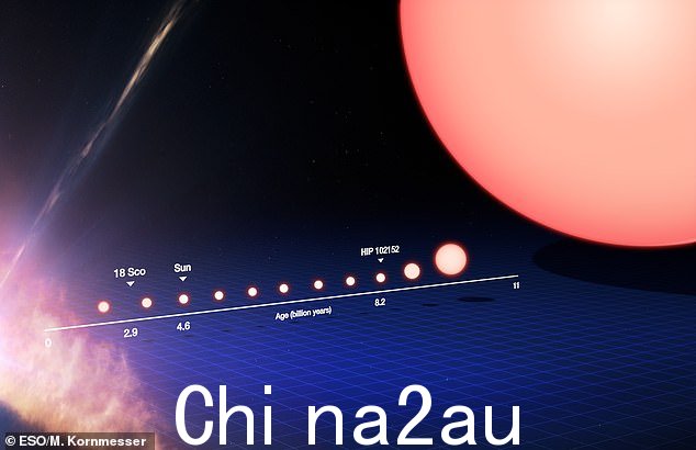 该图追踪了类太阳恒星从诞生到演化为红巨星的生命周期。左边的恒星最初是一团尘埃,并经历了红巨星的各个阶段。主序列,直到它变成右侧的红巨星