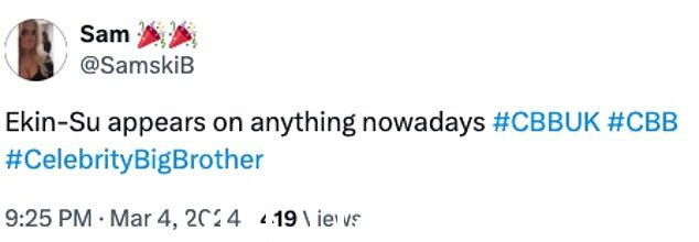 一位观众在 X(以前的 Twitter)上表示:“Ekin-Su 会尽一切努力保持相关性,所以她会参加所有电视真人秀节目”