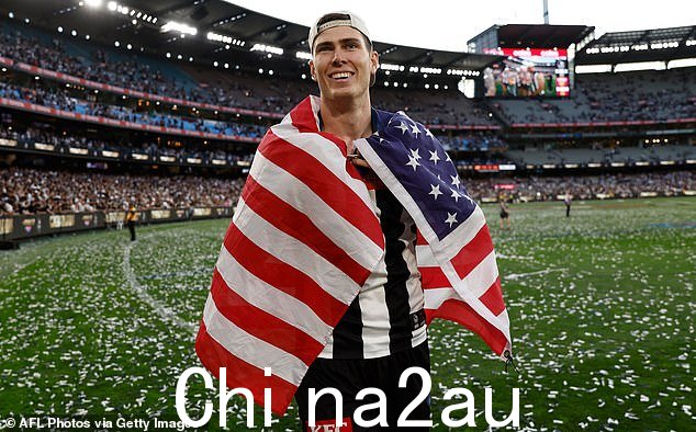 AFL 正在考虑与澳大利亚板球协会合作,此举可能会让代码重返美国的舞台比赛(如图所示,出生于美国的科林伍德球星梅森·考克斯)