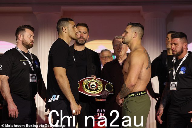 对于 Huni 来说这并不容易,他将在沙特阿拉伯与南非拳手 Kevin Lerena(图为称重时拍摄)进行一场艰苦的比赛