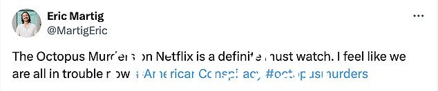 一位粉丝分享:'Netflix 上的《章鱼谋杀案》绝对是必看之作。我觉得我们现在都有麻烦了'