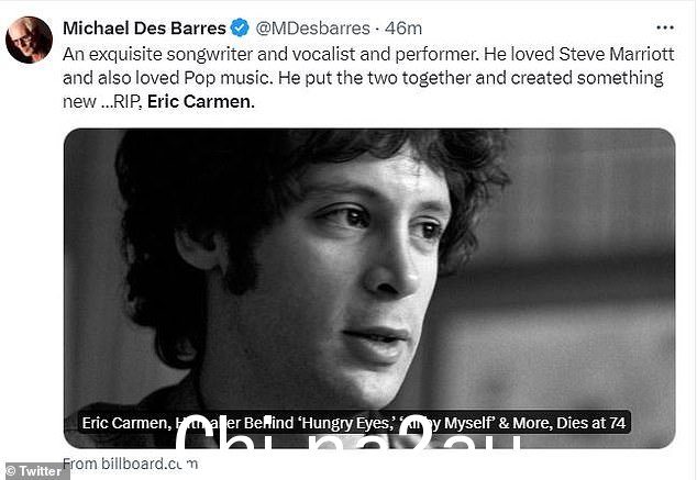 演员迈克尔·德巴雷斯 (Michael Des Barres) 写道:“一位出色的词曲作者、歌手和表演者。他喜欢史蒂夫·马里奥特,也喜欢流行音乐。他将两者结合在一起,创造了新的东西 ¿RIP, Eric Carmen'