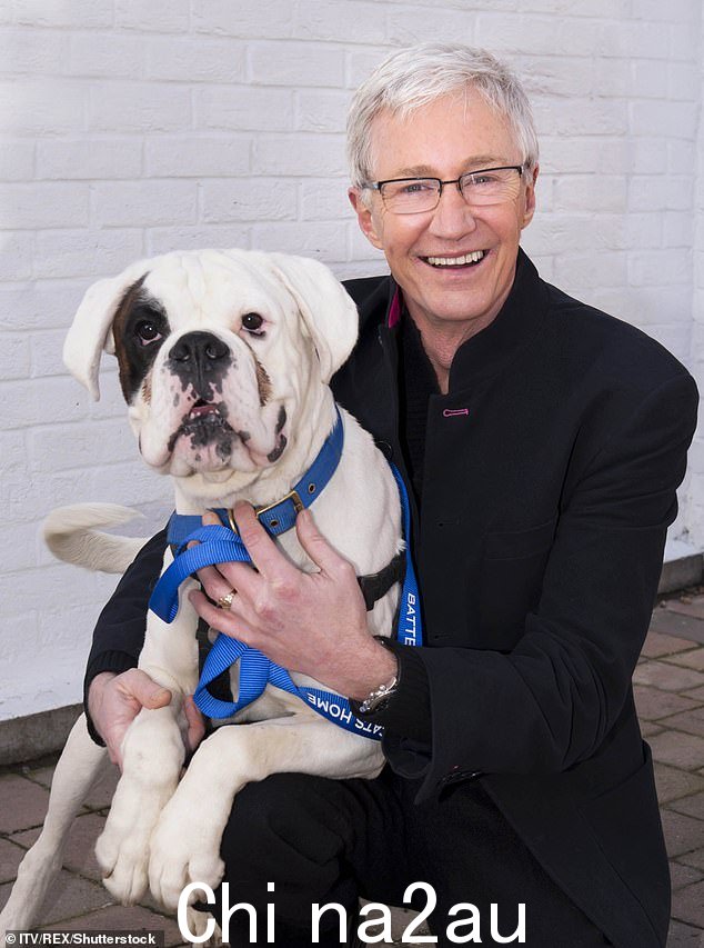 Paul O'Grady 与巴特西救援拳师犬“胭脂红”在他的电视剧《爱狗》中