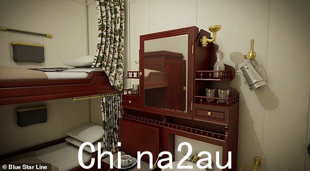 小屋配有双层床和木制梳妆台 - 与原始旧图像中看到的类似