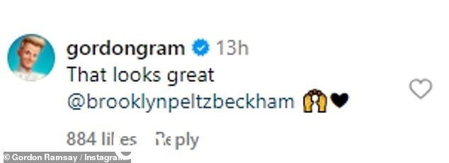 戈登在评论中写道:“这看起来很棒@brooklynbeckham”。毫不奇怪,电视厨师认可布鲁克林的食谱,因为他教这个年轻人如何烹饪惠灵顿牛肉