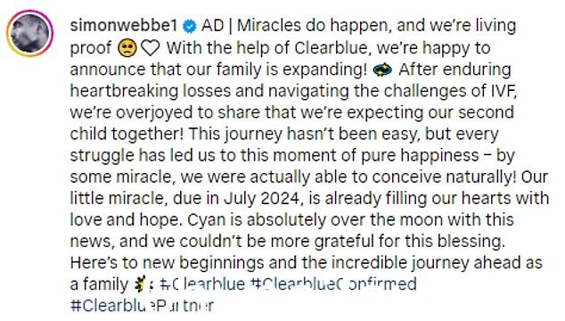 They captioned the post: 'Miracles do happen, and we’re living proof. With the help of Clearblue, we’re happy to announce that our family is expanding!'