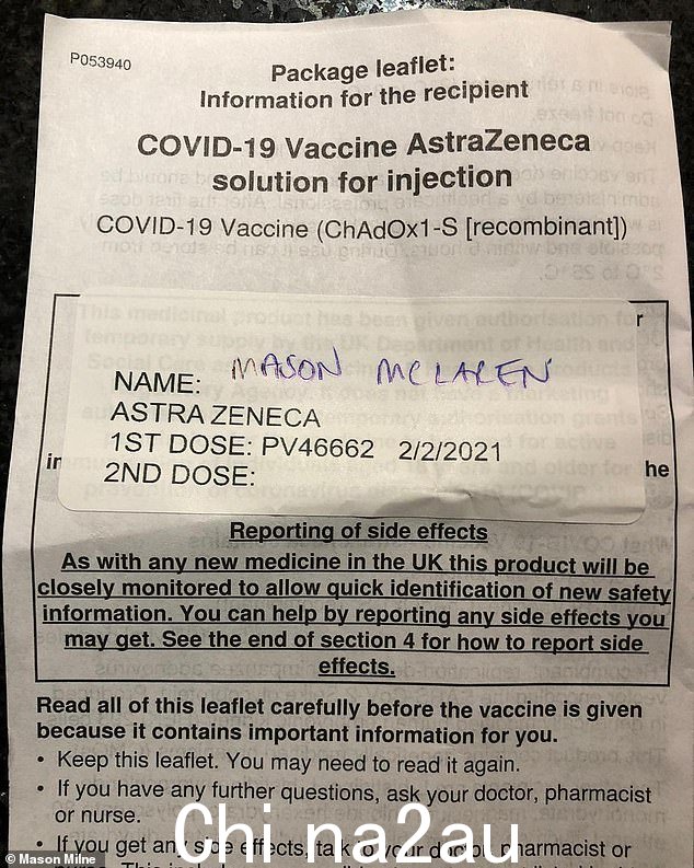Mason,根据他的疫苗接种文件,于 2021 年 2 月接受了第一次 AstroZeneca 疫苗注射