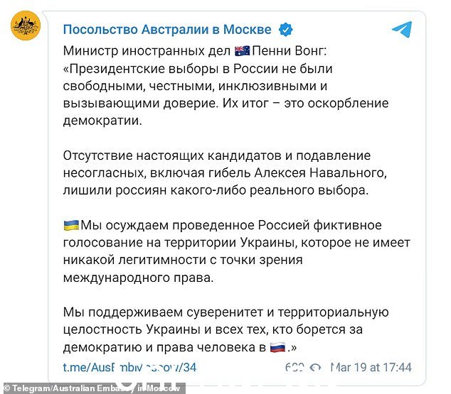 图中电报称,澳大利亚“意识到俄罗斯政府在乌克兰领土上进行了虚假选举,这反映出其持续努力破坏乌克兰的主权、领土完整和政治独立”