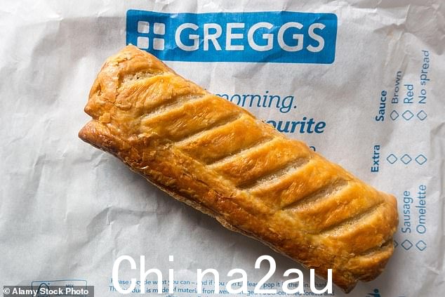Greggs 香肠卷。这家颇受欢迎的面包连锁店的店内行窃事件不断增加,包括香肠卷和其他糕点物品被盗(库存图片)