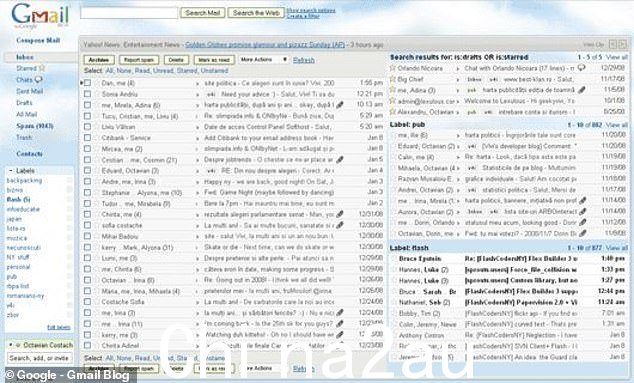 2009 还对网站的外观和功能进行了一些重大更新,包括新的“主题”和多个收件箱。此屏幕截图显示了 Gmail 开发人员 Octavian Costache 在 2009 年 2 月的收件箱