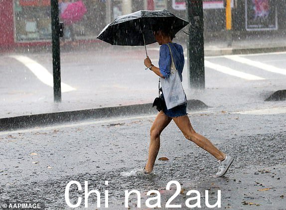 2017 年 2 月 7 日星期二,悉尼大雨中,一名妇女过马路时踩进水坑。(AAP 图片/David Moir)无存档