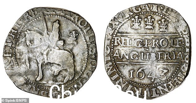 查理一世统治时期的半冠,带有 1643 年的日期标记。这些硬币涵盖了 1550 年代爱德华六世国王、伊丽莎白一世女王、詹姆斯一世和查理一世的统治时期