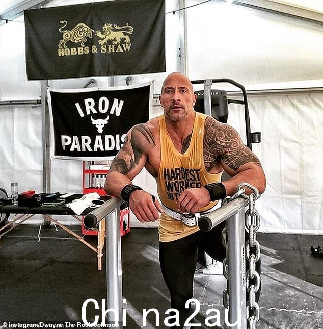 The Rock 从美国运到里士满后在他的临时健身房里锻炼