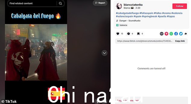 Bianca 在三月下旬发布的帖子显示她在西班牙巴伦西亚