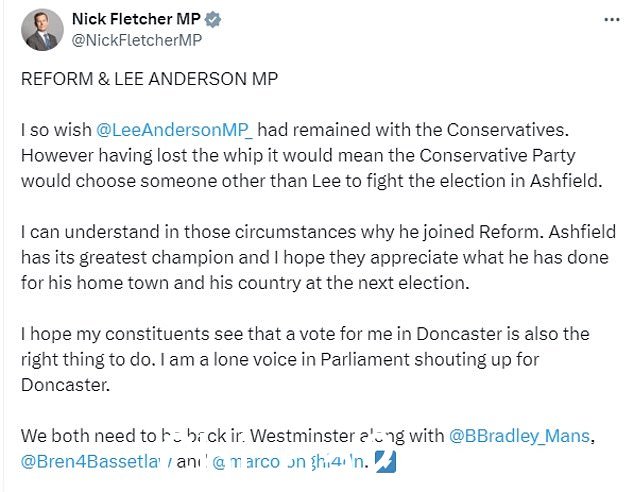 当谷保守党议员尼克·弗莱彻 (Nick Fletcher) 称赞安德森先生是阿什菲尔德的“最伟大的冠军”,并呼吁当地人在大选中支持他