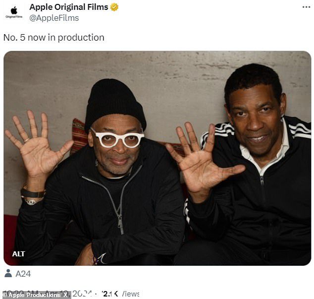 斯派克·李和丹泽尔·华盛顿都闪现了一个“五”,表示他们正在制作第五部电影,《High And Low》将于三月初开拍” class=