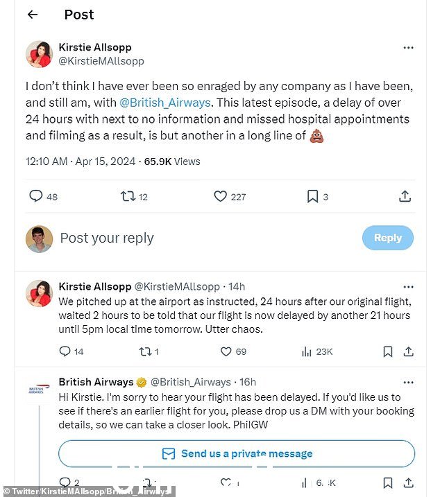 Kirstie 的帖子已被超过 65,000 人浏览,并且确实得到了航空公司官方 X 帐户的迅速回复,邀请主播联系他们,以便他们“仔细查看”如果他们可以安排更早的航班