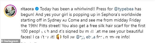 Rita 透露她将出现在全球丝芙兰门店与粉丝见面会