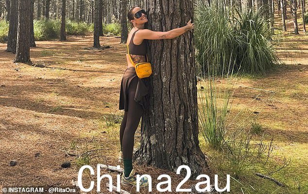 另一天在森林里,丽塔穿着棕色露脐上衣健身套装,背着橙色包,拥抱一棵树