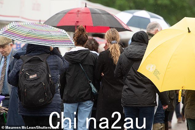 伯克郡皇家温莎马展的与会者今天在雨中撑着雨伞