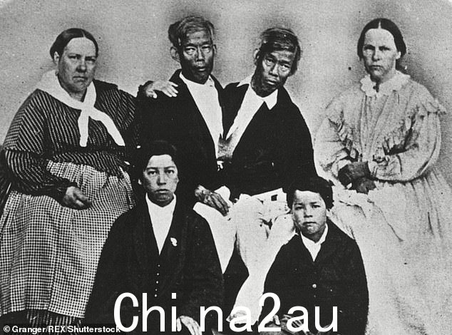 Chang 和 Eng 与他们的妻子、莎拉姐妹(左)、阿德莱德和他们的两个儿子