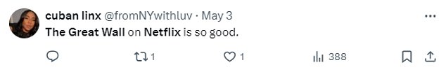 社交媒体用户对这部电影的看法存在分歧。许多 X(以前的 Twitter)用户称这部电影“太棒了”,而其他人则因为其演员阵容和所谓的政治信息而对《长城》大加批评