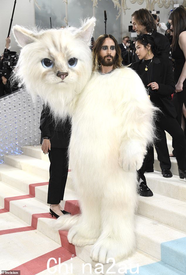 去年的晚会纪念已故设计师 Karl Lagerfeld - Jared Leto 装扮成香奈儿偶像心爱的猫咪 Choupette(如图)