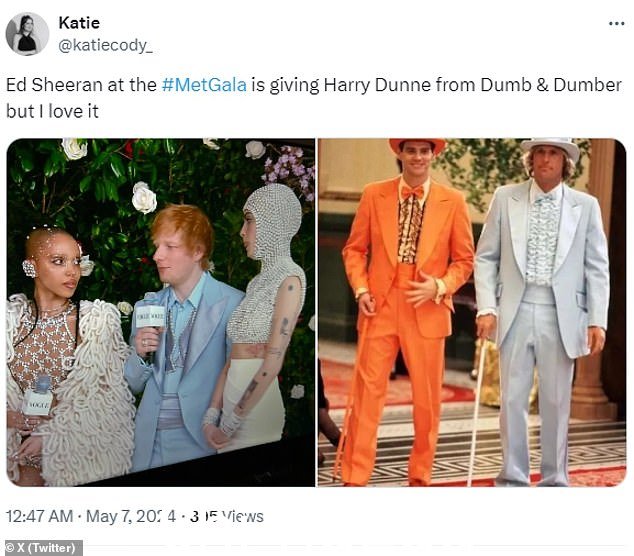最佳 Met Gala 模因:艾德·希兰 (Ed Sheeran) 与穿着古怪蓝色西装的《阿呆与阿瓜》角色哈里·邓恩 (Harry Dunne) 和特洛伊·博尔顿 (Troy Bolton) 进行了搞笑的比较