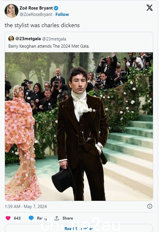另一位粉丝开玩笑说 Barry Keoghan 的造型师是 Charles Dickens