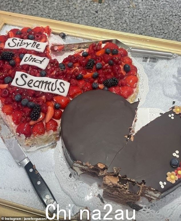 一个蛋糕上有一层层闪闪发光的水果,上面用德语写着“Sibylle 和 Seamus”,另一个则装饰着冰花,并涂有巧克力