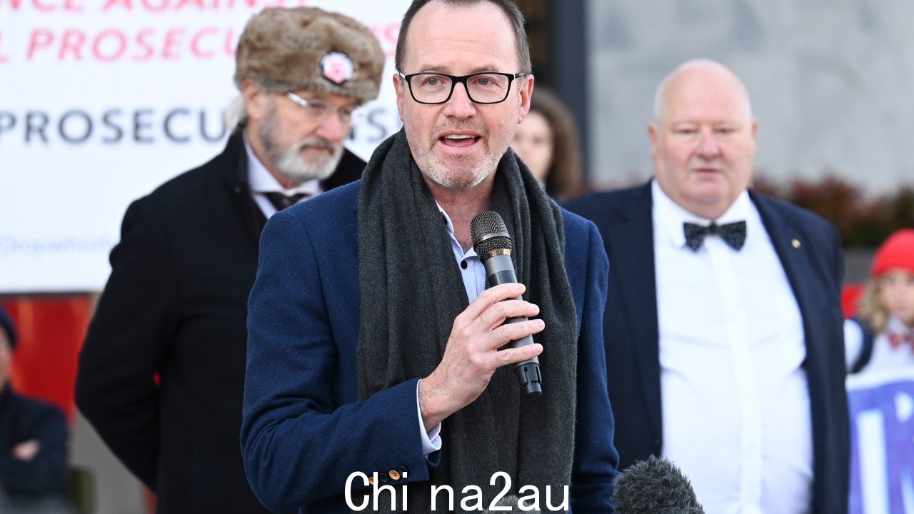 参议员大卫·舒布里奇 (David Shoebridge) 在军队举报人大卫·麦克布莱德 (David McBride) 被判刑前发表讲话堪培拉首都领地最高法院。图片:NCA NewsWire / Martin Ollman