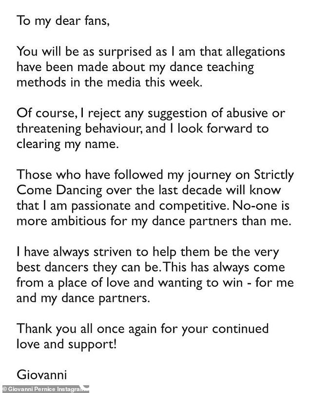 Giovanni 在 Instagram 上分享了一篇帖子,详细说明他对这些指控感到“完全惊讶”,但他否认了这一点