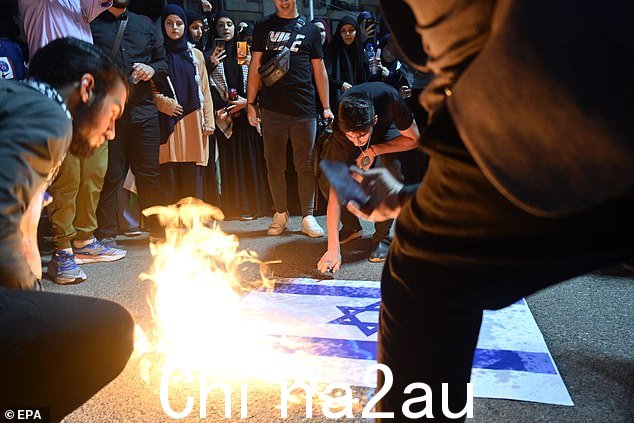 哈马斯恐怖组织、黎巴嫩真主党民兵、伊拉克武装组织和叙利亚政府——针对以色列及其西方盟友的所谓“抵抗轴心”的所有成员——周一表达了哀悼。图为:真主党支持者在庆祝 10 月 7 日袭击事件期间焚烧以色列国旗
