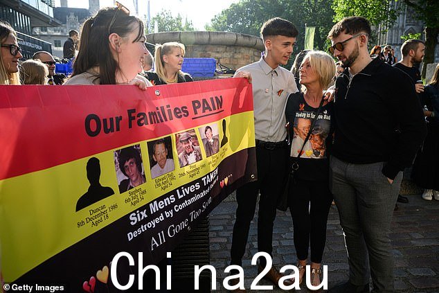 抗议者在等待进入卫理公会中央大厅时举着丑闻受害者的横幅