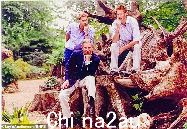 图:威廉王子和哈里王子与他们的父亲查尔斯国王在林地里,为家人的 2002 年圣诞贺卡摆出姿势