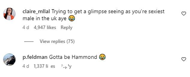 其他人取笑这可能是 Jeremy 的 Grand Tour 联合主持人 Richard Hammond 和 James May,还有人提到他上周被评为英国最性感男性