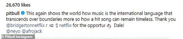Pitbull 写道:'这再次表明音乐是一种超越国界的国际语言,一首热门歌曲如何能够永恒'