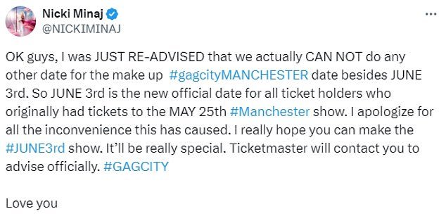 然而,Nicki 现在已向粉丝保证,5 月 25 日的演出已重新安排在 6 月 3 日星期一