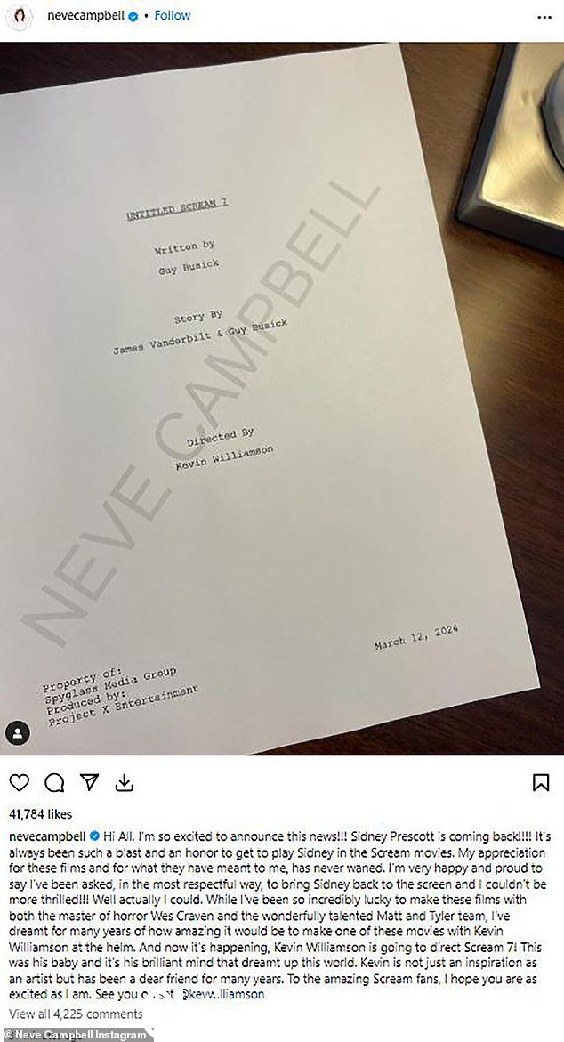 Neve 在 Instagram 帖子中透露了她将回归《惊声尖叫 7》,展示下一部未命名电影的剧本