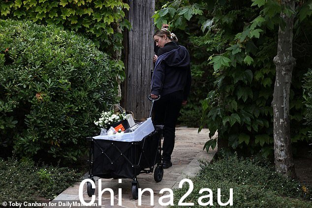 照片显示工人们拖着一车车和一桶桶鲜花沿着石板路向庄园方向走去