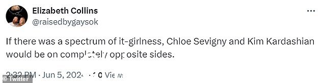 '如果有一个范围的 it-girlness,科洛·塞维尼 (Chloë Sevigny) 和金·卡戴珊 (Kim Kardashian) 就会站在完全相反的一边,'另一位社交媒体用户尖刻地评论道