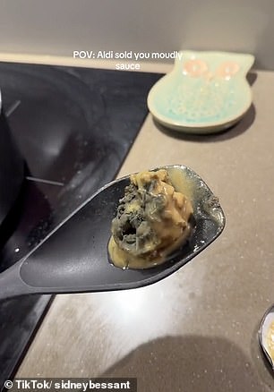 当她把酱汁倒入煎锅时,一大块霉菌掉了出来(如图)