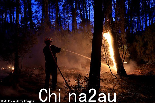 法国:6 月 11 日,一名消防员在维多班附近的森林火灾中扑灭大火